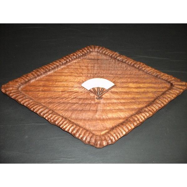 桐菱形オイルフィニッシュ「扇」彫刻盆 木製 デザイン盆 木彫り 彫刻