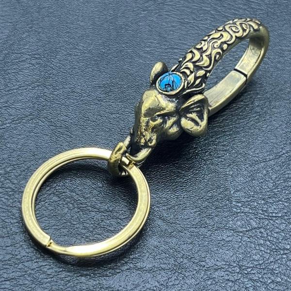 キーホルダー カラビナ ゾウ 象 ターコイズ 真鍮 ブラス 金色
