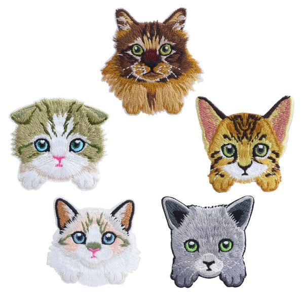 猫 刺繍ワッペン アイロン シール 5個入 キャット 刺繍 薄型 アップリケ アニマル 動物 白猫 グレー ステッカー おしゃれ かわいい