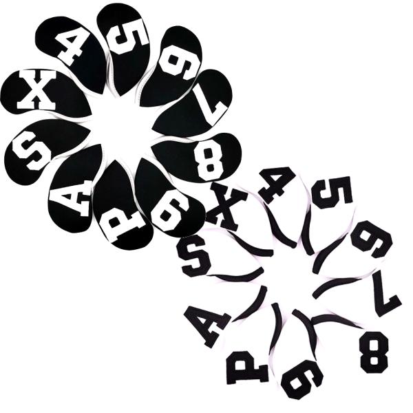 ゴルフヘッドカバー アイアンカバー  10点セット 4 5 6 7 8 9 P A S Ｘ番 番手付 ネオプレーン製 伸縮性 白 黒