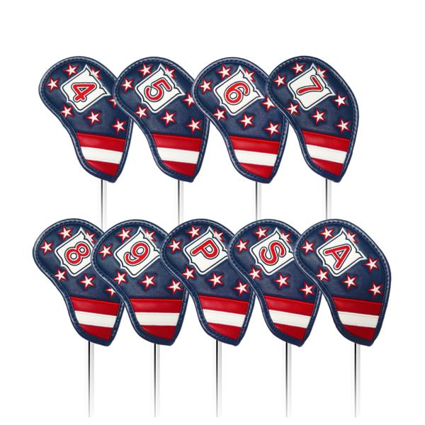 ゴルフヘッドカバー アイアンカバー アイアン用 刺繍入り 9点セット ４−9番 P、A、S番 番手付 ラッキー777