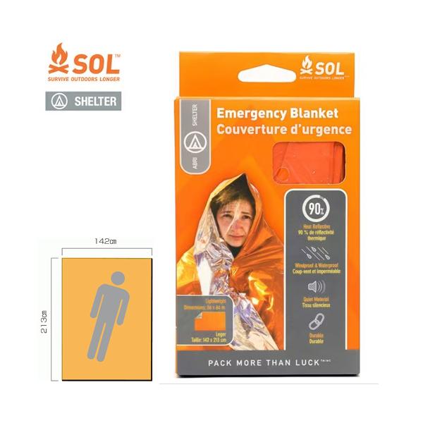 1人で使うサイズの非常用ブランケットです。体熱の90％を反射させて体温を維持する特殊な素材「ヒートシート」を採用しております。外側のオレンジ色はもしもの時に要救助者を見つけやすいよう目立つ色になっています。引き裂き強度が強く簡単に破けること...