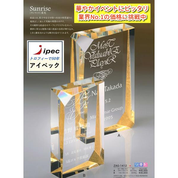 盾 クリスタル ZAG-1412-B Bサイズ 高さ15cm 企業表彰に最適