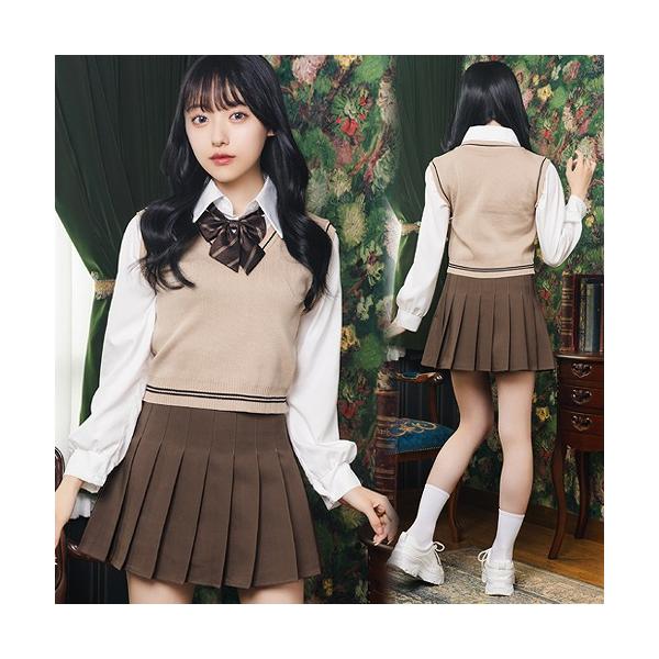 オルチャンセーラー ニットベスト ベージュ×チョコ      /韓国 制服 コスプレ 韓国風制服 コスチューム 女子高生 高校生 ハロウィン イベント (A-2188_908647)