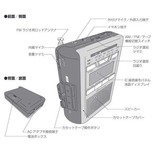 IC録音 AM/FMラジオ受信 カセットレコーダー 本体 2電源対応 内蔵 