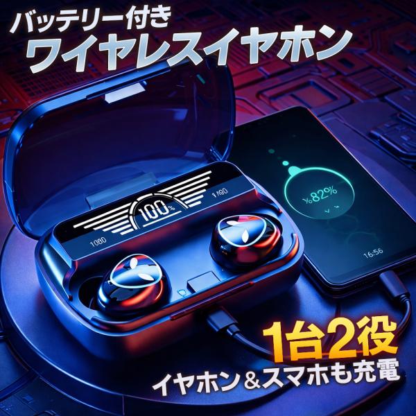 ワイヤレスイヤホン モバイルバッテリー機能 Bluetooth 5.3 高音質 軽量 ハンズフリー通話 残量表示 ディスプレイ 音飛び軽減 音楽再生 /60N◇ 充電付イヤホン