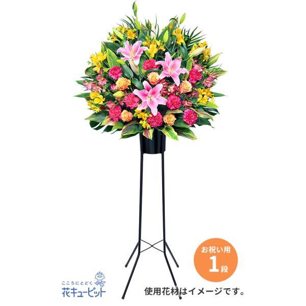 開店・開業祝いや、発表会やセレモニーにぴったりなスタンド花です。特別なお祝いのシーンを、より一層豪華に盛り立てます。様々な色合いの花を使って、カラフルで華やかなスタンド花に仕上げました。1段のスタイルでお届けいたします。【スタンド等の花器は...