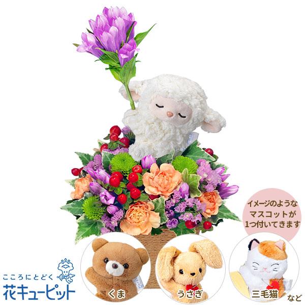 【敬老の日ギフト 遅れてごめんね】花キューピット プレゼント 花 2026年 祖父祖母 60代70代80代 リンドウのマスコット付きアレンジメント