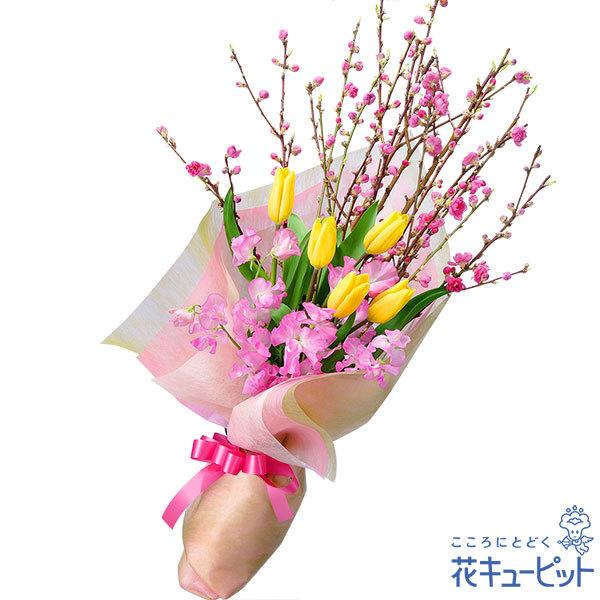 2月の誕生花 チューリップ 誕生日 お祝い 記念日 プレゼント 家族 友人 花キューピットの桃の花とチューリップの花束 インターネット花キューピット 通販 Paypayモール