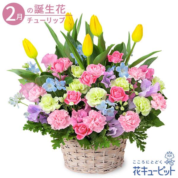 見ているだけで気持ちがウキウキするような春の花を、たっぷりとバスケットに生けたアレンジメント。「優しい思い出」などの花言葉を持つスイートピーと「思いやり」などの花言葉を持つチューリップを合わせました。523026素敵な花言葉を持った春の花を...