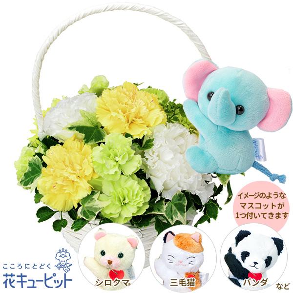【8月の誕生花（トルコキキョウ）】花キューピット 花 ギフト 誕生日 プレゼントトルコキキョウのマスコット付きバスケット