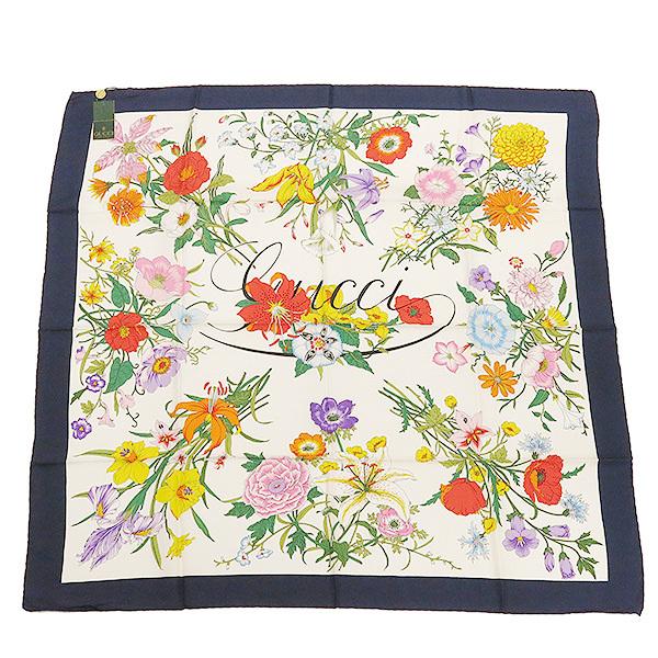 GUCCI グッチ スカーフ フローラル 花柄 白×ネイビー×マルチ GUCCI グッチ スカーフ フローラル 花柄 白×ネイビー×マルチ