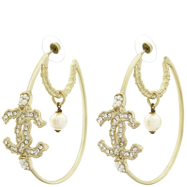 シャネル ピアス ココマーク ラインストーン パール フープピアス GP  