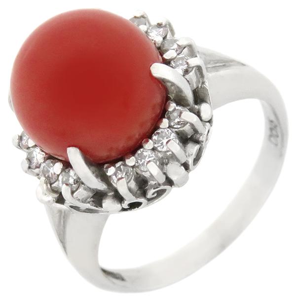 リング 指輪 珊瑚 ダイヤリング Pt900 シルバー 赤 サンゴ 8号 中古  