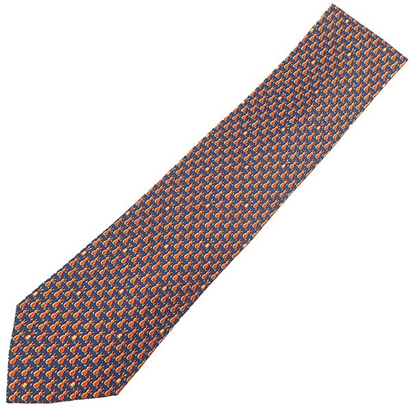 エルメス HERMES ネクタイ ラビット 9cm シルク ネイビー×オレンジ 紺 ウサギ うさぎ  【箱】【中古】 HERMES（エルメス） ネクタイ ラビット 9cm シルク オレンジ 紺 ウサギ