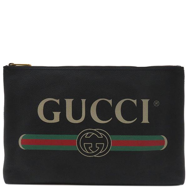 GUCCI ポートフォリオ クラッチバッグ ロゴ プリント レザー ブラック
