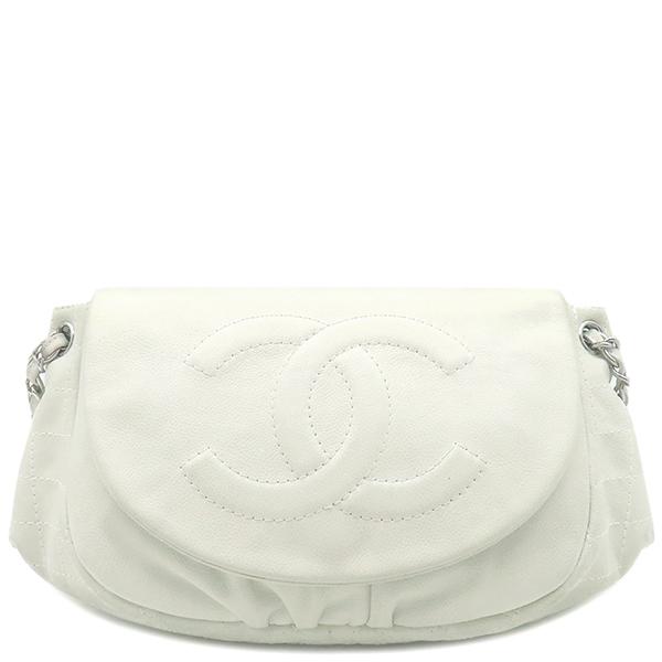 正規品 CHANEL ハーフムーン チェーンバッグ キャビアスキン 白 キャビアスキン シャネル ショルダーバッグ ハーフムーン ホワイト 白