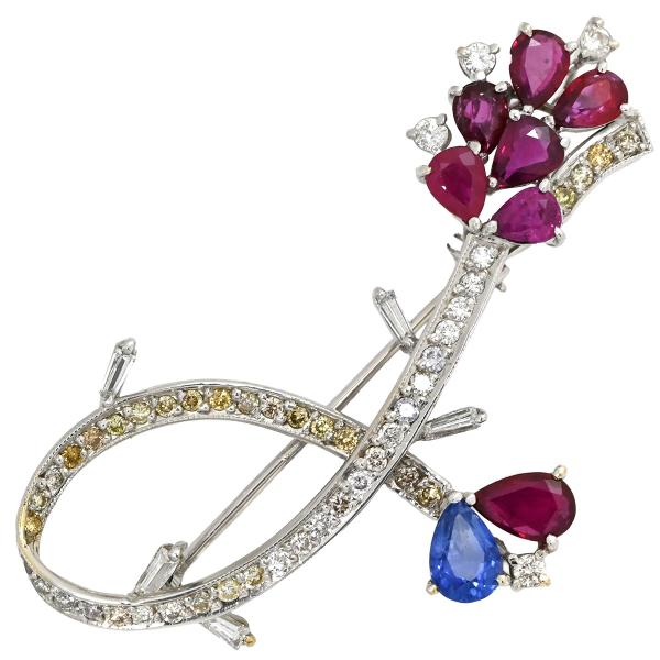 ブローチ ルビー ブルーサファイア ダイヤ シルバー ホワイトゴールド