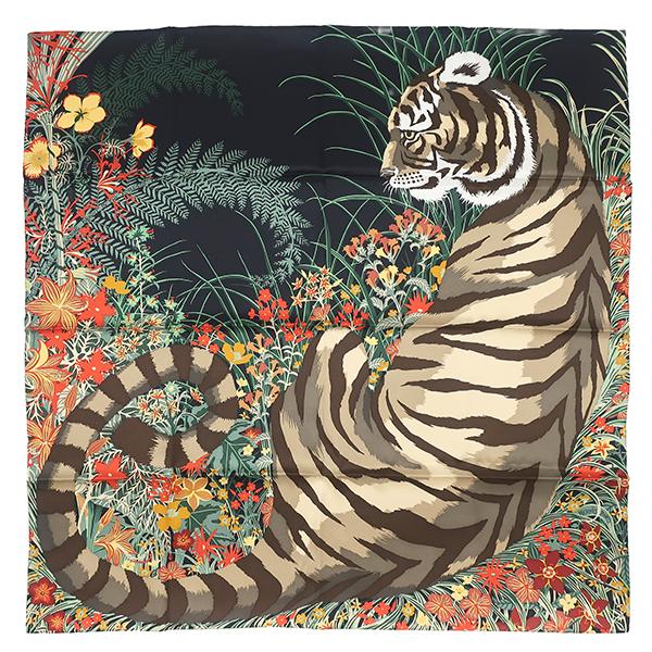 エルメス HERMES スカーフ カレ70 シルク ブラック×ベージュ×コライユ 新品 未使用 【TYGER TYGER /タイガー タイガー】 H984285S 【箱】【中古】 HERMES（エルメス） スカーフ カレ カレ70 シルク マルチカラー 黒