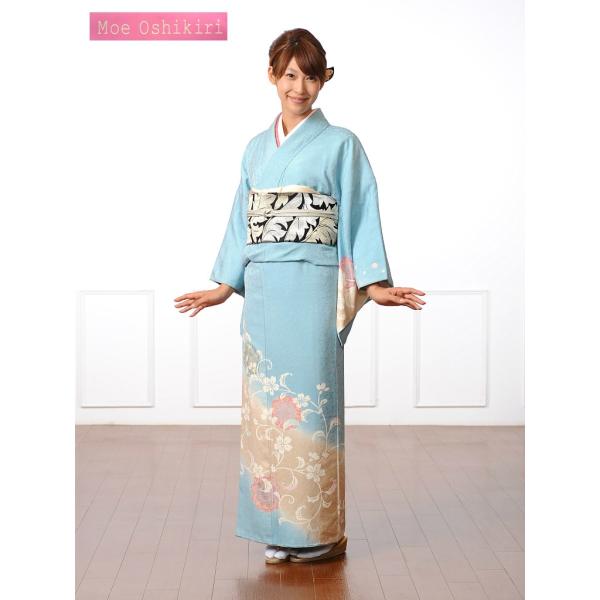 訪問着レンタルフルセット8AD25『MoeOshikiri』 レンタル訪問着 着物レンタル 貸衣装 結婚式 お宮参り 入学式 押切もえ ブルー 花唐草 149ｃｍ〜170ｃｍ位まで
