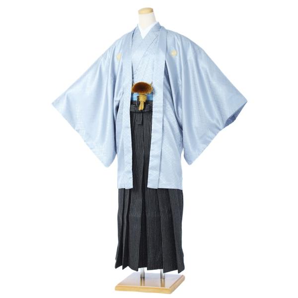 【レンタル】羽織袴 レンタル8AF37 紋付袴レンタル 男性 紳士 男 着物レンタル 着物 結婚式 卒業式 男袴 貸衣装 173ｃｍ〜177ｃｍ位まで 黒縞袴 ブルーグレー着物 足袋プレゼント 往復送料無料