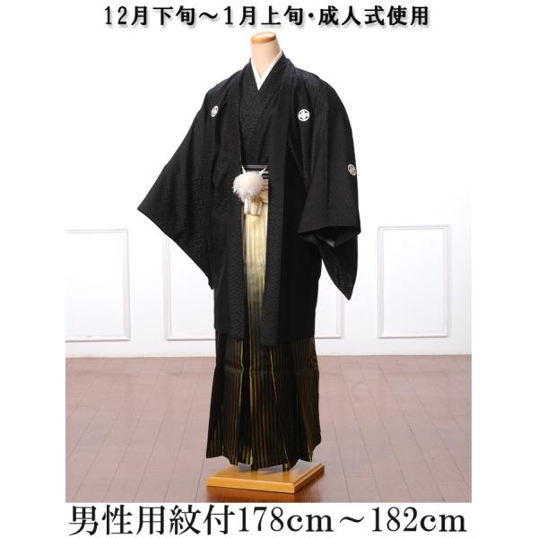 紋付袴レンタル １月 成人式 8saf 11 紋付き羽織袴レンタル男性紳士着物成人式結婚式 男袴貸衣装7号178cm 1cm位まで黒金縞袴グラデーション