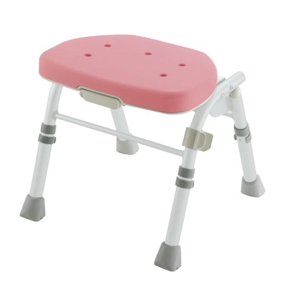 【カラー】ピンク【サイズ】幅38.5×奥行39.5〜47×高さ35〜45cm（6段階調節）　折りたたみ時：幅38.5×奥行18×高さ56cm【材質】座面：ポリエチレン　ソフト座面：EVA樹脂　シャワーフック：ポリアセタール　脚：アルミ　ゴム...
