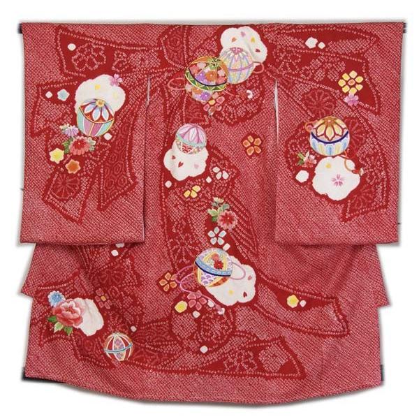 希少品国産 女の子お宮参り初着 赤色 総絞り生地に総刺繍と金加工柄