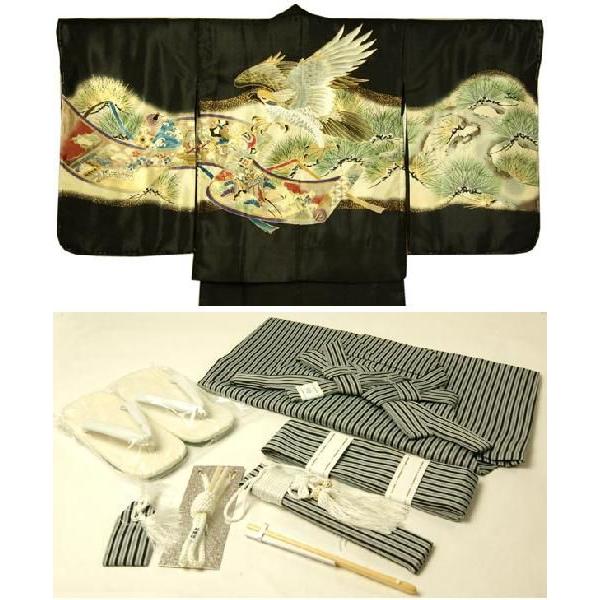 七五三 男の子 5歳 6点セット 着物 袴 紋付羽織 鷹 黒 草履 日本製 七五三 男の子 5歳 6点セット 着物 袴 紋付羽織 鷹 黒 草履 日本