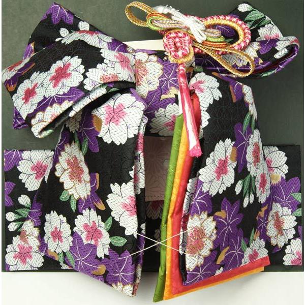 七五三用結び帯ハコセコセット 黒色 花柄 ポリエステル 子供帯 : 着物