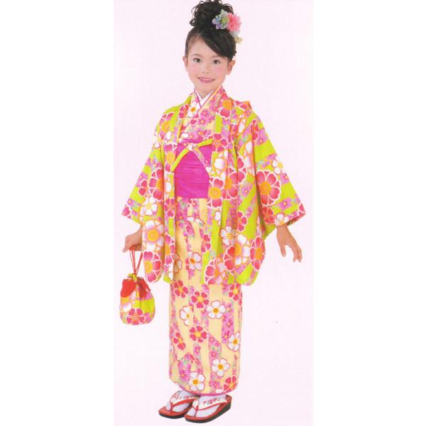 子供着物 アンサンブル 黄緑色羽織/黄色着物 9〜10才用 洗える 