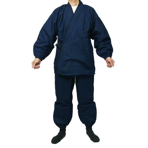 冬用作務衣　紺色綿紬生地　裏フリースわた入り　S/M/L/LLサイズ　カジュアル和雑貨