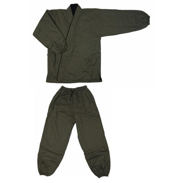 冬用作務衣　カーキ色綿紬生地　裏フリースわた入り　S/M/L/LLサイズ　カジュアル和雑貨