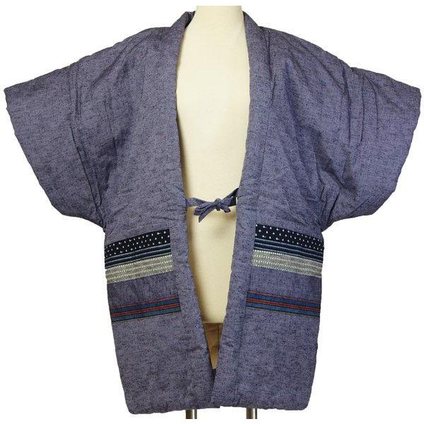 防寒用　袖無しやっこ半天　紫色(青藤色)　久留米絣　手作り袢天　綿入り半纏
