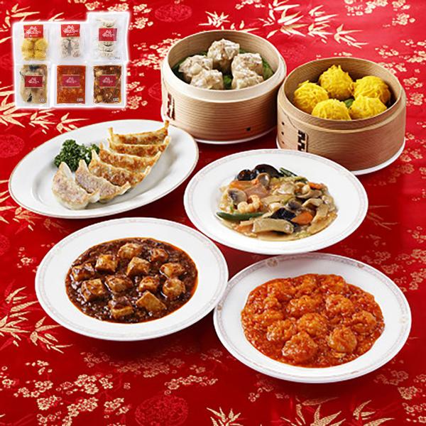 中華料理の名店「赤坂四川飯店」監修のこだわり本格中華料理セットです。内容量：餃子120g(6個入)×1、貝柱入焼売150g(5個入)×1、錦糸焼売125g(5個入)×1、乾焼蝦仁（エビチリソース）150g×1、本格四川麻婆豆腐150g×1、...
