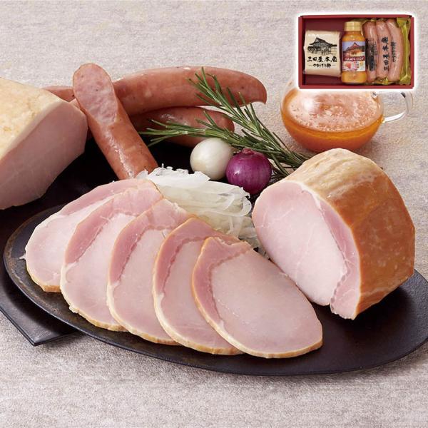 三田屋本店こだわりのロースハムとオリジナルドレッシング、さらに粗挽きフランクの詰合せ。三田屋本店自慢の、桜のチップで燻製をしたロースハムと 塩分控えめ、味をまろやかにコクを出す、野菜自体のうまみを引き出したドレッシングは こだわりのおいしい...