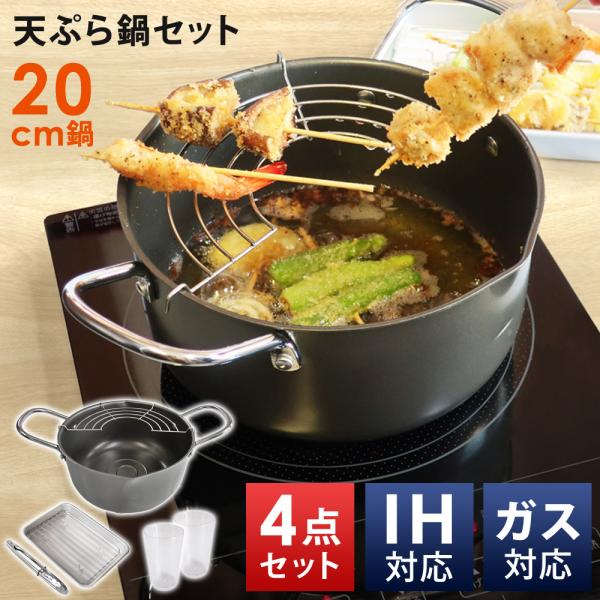 天ぷら鍋セット 4点セット IH対応 ガス対応 20cm幅 鉄製 鍋 アルミパット トング タンブラー おつまみ おひとりさま 居酒屋気分