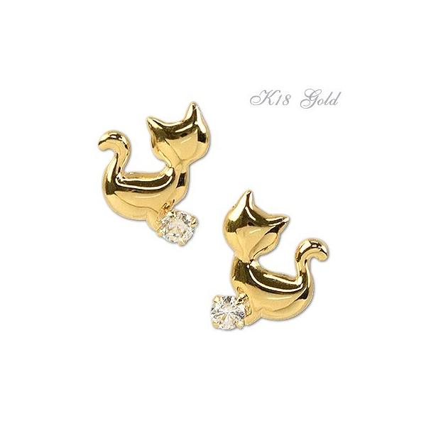 18金 ピアス K18 キュービックジルコニア ゴールド 18k ねこ 猫 ( 誕生