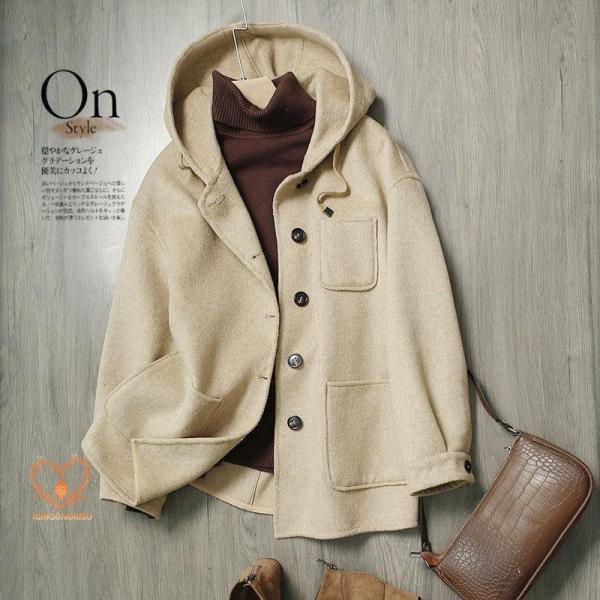 ウールコート フード付きダブルフェイクコート カシミア 無地 レディース ショート丈 秋服 シンプル 冬服 防寒対策 保温 冬服物 アウター ウールコート フード付きダブルフェイクコート カシミア 無地
