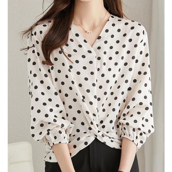 ブラウス レディース 40代 春夏 新作 Vネック 韓国風 ドット柄 白