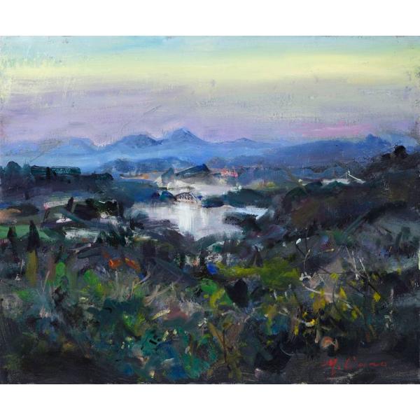 【真作】絵画　油彩8号　水郷湖来　柔らかな光が描く穏やかな情景　V154 真作】絵画 油彩8号 水郷湖来 柔らかな光が描く穏やかな