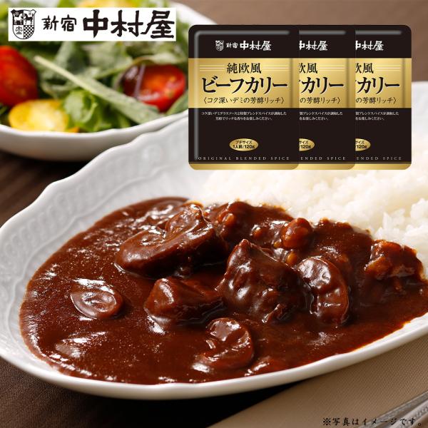 新宿中村屋 純欧風ビーフカリー 芳醇 120g×3袋 (360g)  ビーフカレー カレー 牛肉 デミグラス プチサイズ 間食 小腹 少量 レトルト 保存食 メール便 送料無料