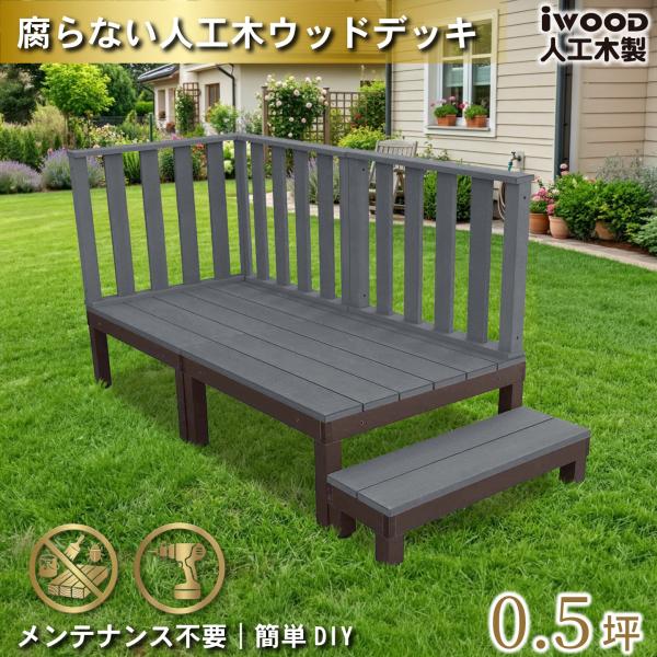 ウッドデッキPLUS 0.5坪 6点セット ブラック デッキ本体2点 ハイフェンス3点 ステップ1点 人工木床板 DIY アルミ合金ボディ高さ4cm調節可能