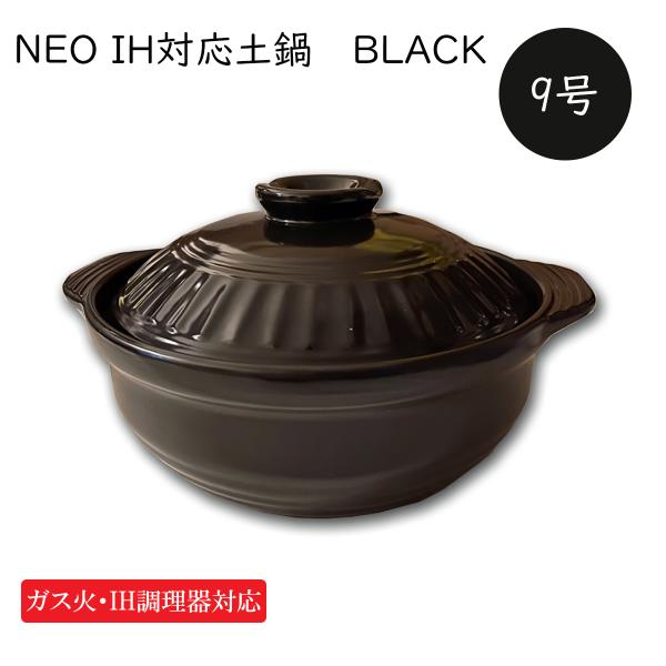 IH調理器 ガス直火対応 土鍋 BLACK 9号 ブラック 4-5人用