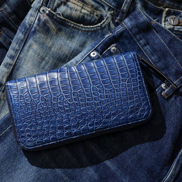 クロコダイル財布 マットクロコ 青 藍染め メンズ 長財布 大型