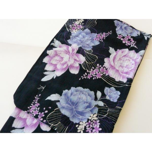 女性用 浴衣 単品 仕立上り Ｆサイズ 濃紺 花柄 ピンク 青 ラメ 634