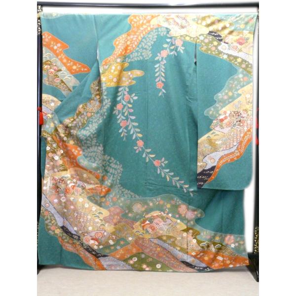 振袖 正絹 試着品 翠色 緑色 古典柄 四季草花 金彩 着丈166cm 裄