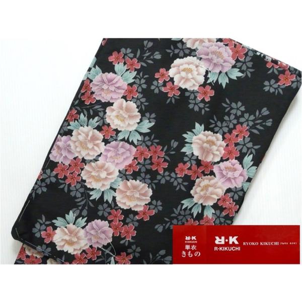 洗える着物 単衣 リョウコ キクチ 黒 花 Lサイズ 383