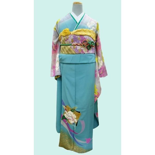振袖 正絹 エメラルドグリーン地に花柄 169 仕立上 展示品の処分 長尺 