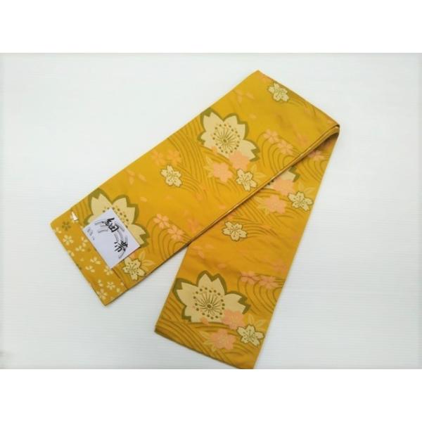 細い帯 洗える 半幅帯 リバーシブル 細帯 黄土色 桜花吹雪 小花 新品 209